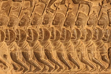 Angkor Wat. Detalj av relieffskulptur fra slaget ved Kurukshetra Siem Reap Kambodsja