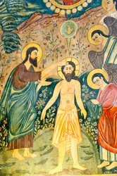 Den armenske apostoliske kirke; veggmaleri; Jesu Kristi dåp av døperen Johannes i Jordan; Bethlehem kirke eller Bedham kirke; Julfa distrikt eller Jolfa; Isfahan; Iran; Asia