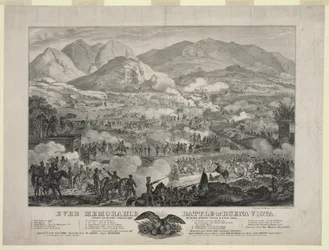 Slaget ved Buena Vista også kjent som slaget ved Angostura, general Zachary Taylors tropper som tvinger general Antonio Lopez de Santa Annas retrett, 23. februar