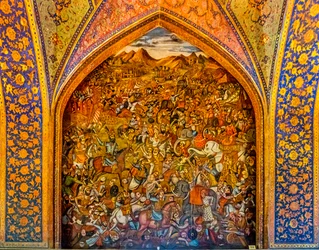 Slaget ved Chaldiran mot den osmanske Selim I 1514, fresker med høviske scener og kampscener, Chehel Sotoun-palasset, Isfahan, Isfahan, Iran, Asia (bilde)