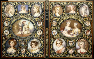 Innbinding med tjuefire portrettminiatyrer, fra boken "French Characteristic Costumes" av Richard Brinsley Peake, 1816