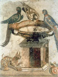 Fugler og en bakholdskatt, fra Pompeii