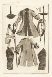 Buff coat 1,2, buff belte 3, forgylt sølv sverd hjelt 4, buff armstykke og hanske 5,6, toledo sverd 7, blad og slire 8, og buff 9