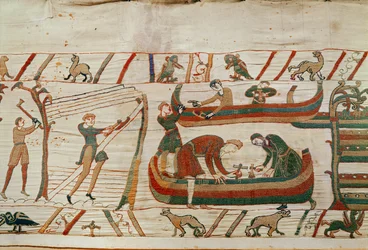 Bygge skip under ordre fra Duke William, Bayeux Tapestry (ullbroderi på lin)