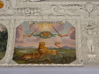 Takfreskomaleri i midtgangen til St. Katarina-kirken, allegoriske skildringer av seirene til keiser Leopold I over osmanerne, Habsburgernes mausoleum, Graz, Steiermark, Østerrike, Europa (bilde)