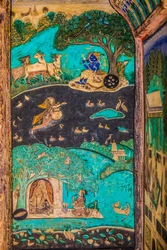 Chittra Shala gårdsplass med virtuose fine malerier, Taragarh Fort, Bundi, Bundi, Rajasthan, India, Asia (bilde)