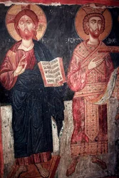 Kristus med den hellige Konstantin Timios Stavros tou Agiasmati kirke, Agiasmatis hellige kors 1400-tallet Kypros Malte kirker UNESCO-sted Troodos, Kypros