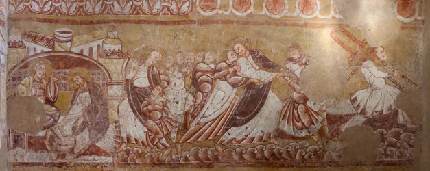 Kirke (Église Saint-Martin). Interiør. Veggmalerier (fresco). Nordveggen i koret. Detalj. Arrestasjon av Kristus, fotvask. 1100-tallet.