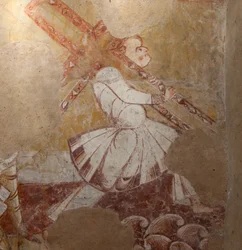 Kirke (Église Saint-Martin). Interiør. Veggmalerier (fresco). Nordveggen i koret. Detalj. Simon av Kyrene bærer korset. 1100-tallet.
