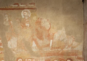 Kirke (Église Saint-Martin). Interiør. Veggmalerier (fresco). Skipets vestvegg. Detalj. Apostler. 1100-tallet.