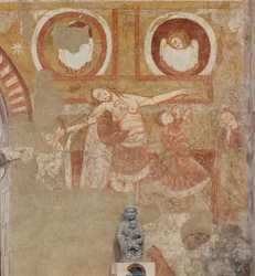 Kirke (Église Saint-Martin). Interiør. Veggmalerier (fresco). Skipets vestvegg. Detalj. Nedstigning av korset. 1100-tallet.