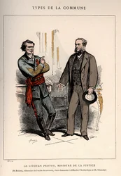 Paris Commune: kostyme til LE CITIZEN PROTOT, JUSTISMINISTER og M.ROUSSE, BATONNER AV ORDEN DES AVOCATES, KOMMER GJELDER TIL DEFENSE L