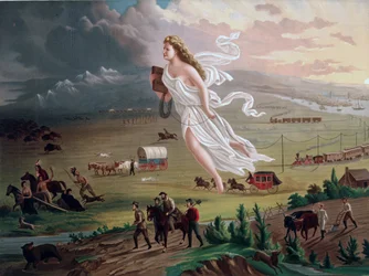 Konseptet om manifest skjebne: Allegorisk kvinnelig figur som bærer elektrisk telegrafledning, leder amerikanske pionerer og jernbaner vestover, mens amerikanske indianere og bøfler og bjørner trekker seg tilbake foran dem. Kromolitografi ca. 1873.