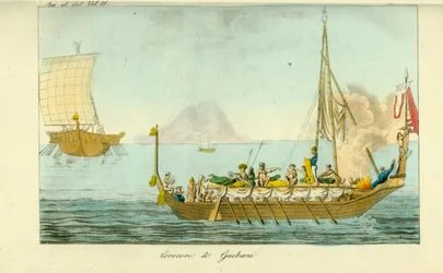Corocoro-båt med seil og årer fra øya Guebe, Maluku-øyene, Indonesia