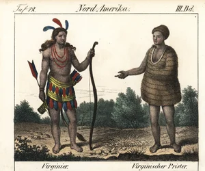 Kostyme til Powhatan Indians of Virginia (USA): en kriger og en prest fra Secota. Litografi for boken: quot;Galerie complete en tableaux fideles des peuples d#39;Amérique et d#39;Australiequot; av Friedrich Wilhelm Goedsche (1785-1863), Meissen-utgaven (Ty