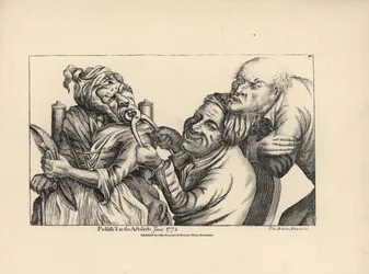 Tannlege ler mens han bruker en tang for å trekke en dårlig tann ut av munnen til en gammel kvinne. Kobbergravering etter en satirisk illustrasjon av Timothy Bobbin (John Collier) (1708–1786) fra Human Passions Delineated, John Haywood, Manchester.