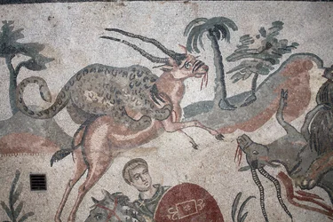 Detalj av den store jaktmosaikken. En leopard som angriper en gaselle. 3. - 4. århundre. Roman Villa of the Casale, Sicilia. UNESCO nettsted.