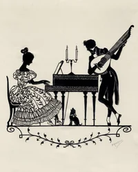 Duo med lut-gitar og pianoforte, Wien, ca. 1900 (trykk)