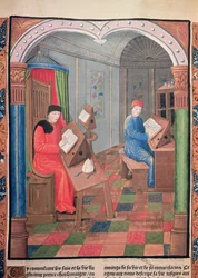 Einhard og erkebiskop Turpin skriver historien til Charlemagne, fra 