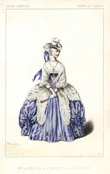 Den engelske skuespillerinnen Madame Paul Ernest som markisen i Gentil Bernard, eller Kunsten å elske, av Philippe-Francois Dumanoir og Clairville, Théâtre des Varietes