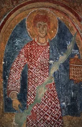 Helgenfigur, freskomaleri i St Nicholas kapell (1000-1400-tallet), Mottola, Puglia, Italia