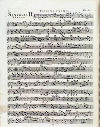 Første side med partitur for fiolin i symfoni nr. 2 av J Haydn