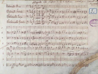 Første side av partituret for fire celloer av Symphony n. 7 nb A-dur, op. 92, av Ludwig van Beethoven