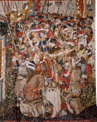 flamsk billedvev. Serien Den trojanske krigen. Akilles' død (Muerte de Aquiles). Åttende billedvev i serien. Model Coëtivy Master (Henry eller Conrard de Vulcop). Produser Tournai-verksteder. Ca 1470. Stoff Ull og silke, 6/7 varp pr cm. Størrelse 482 x