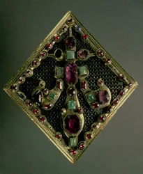 Fleur-de-lys låsen sies tradisjonelt å ha tilhørt kong Ludvig IX av Frankrike (St. Louis) (1215-70) ca. 1365-67 (gull og dyrebare juveler)