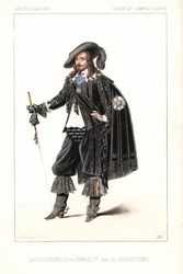 Den franske skuespilleren Louis Lacressonniere som kong Charles I i The Musketeers av Alexandre Dumas, Theatre de l#39;Ambigu Comique