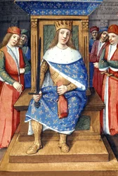Den franske kong Ludvig 9. (den hellige Ludvig, 1214-1270, konge fra 1226 til 1270) på tronen, fransk illuminasjon