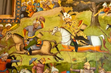 Fresco; Shah Ismail på en hvit hest i slaget ved Taher Abad; 1510; mot usbekerne i Merv; Chehel Sotoun; Forti Pilars Palace; Isfahan; Iran; Asia