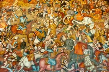 Fresco; slag; slaget ved Nadir Shah i slaget ved Karnal; 1739; på en hest; mot Sultan Mohammed Shah Gurkani på en hvit elefant; Chehel Sotoun; Forti Pilars Palace; Isfahan; Iran; Asia