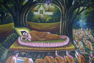 Fresco som viser Buddhas inntreden i nirvana i Wat Chiang Mun, Chiang Mai. Buddhas inntreden i parinirvana. Thailand
