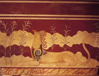 Fresco på en vegg, Throne Hall, Palace Of Minos, Knossos, Kreta, Hellas
