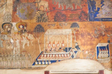 Fresker som pryder veggene til Wat Bo som viser scener fra Reamker, Siem Reap, Kambodsja (bilde)