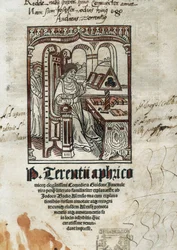 Frontispice av komedier til den komiske poeten Terence (Publius Terentius Aferer) (190-145 f.Kr.). Forfatteren er representert.