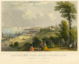 Tyskland, Hamburg, Elbhoehe, utsikt fra Stintfang til Elben, gammelfarget stålgravering fra AH Payne, Leipzig, utgitt av GW Niemeyer, ca. 1850