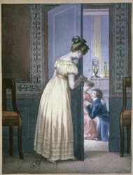 Jente som lytter til privat samtale mellom to elskere, ca. 1820 (gravering)