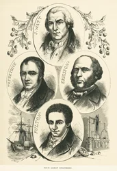 Store ingeniører og oppfinnere: James Watt, John Ericsson, Robert Fulton, Richard Trevithick, ca. 1880