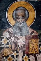 gresk-ortodoks kristendom; gamle bysantinske fresker; veggmaleri av biskop Nicholas; Agios Nikolaos kirke i Petra; Lesbos; Egeerhavet; Hellas; Europa