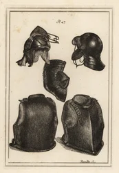 Hodeplagg eller hjelm, brystplate og ryggstykke båret av Roundhead-general Robert Greville, Lord Brooke, da han ble drept i Lichfield