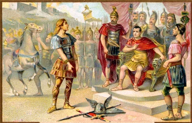 Historie. Antikkens Roma. Vercingetorix (høvding for en gallisk stamme: Averni) overgir seg til Julius Caesar i Alesia, 52 f.Kr. Bilder, Frankrike, ca.