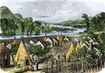 Urfolkenes historie: Mohawk Village, New York, cirka 1780. Fargerik gravering fra 1800-tallet.