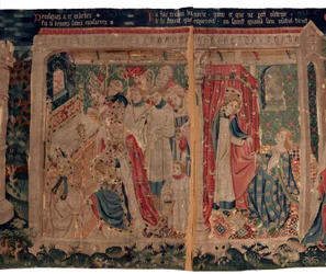 Historien om Saint Piat og Saint Eleuthère, også kalt billedvev av Arras. Bestilt fra kanon Toussaint Prier, kapellan for hertugen av Burgund, sent på 1300-tallet - begynnelsen av 1400-tallet. 22m x 2m. Detalj (teppe)