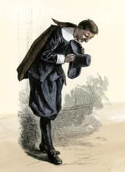 Nybyggernes historie og erobringen av Vesten: Amerikanske pionerer. Puritansk New England-folk med vippende hode. Fargeleggingsgravering fra 1800-tallet.
