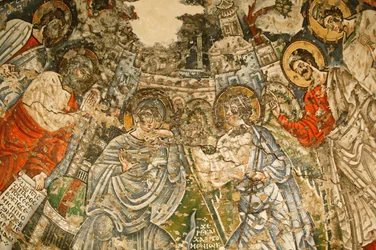 Holy Virgin og Saint John Kame koptisk kloster: 9. århundre. fresco : Bebudelsen. Maria er omgitt av profetene Moses, Esaja, Esekiel og Daniel. Egypt
