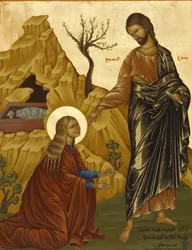Ikon i den melkittiske katedralen i Haifa: Maria Magdalena med den oppstandne Kristus, Haifa, Israel