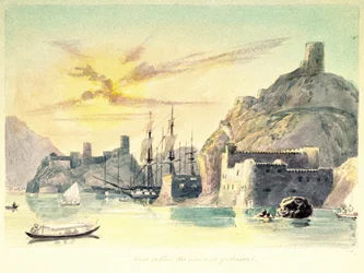 Indre utsikt over havnen i Muscat (Oman), med beskrivelse av befestede bygninger og fortøyde skip. Lt-Col. Charles Hamilton Smith (1776-1859)