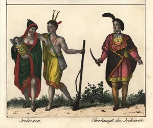 Irokeserindianere, et par med en baby, mannen med geværet har en tatovert kropp, og stammelederen. Litografi til boken «Galerie complète en tableaux fidèles des peuples d